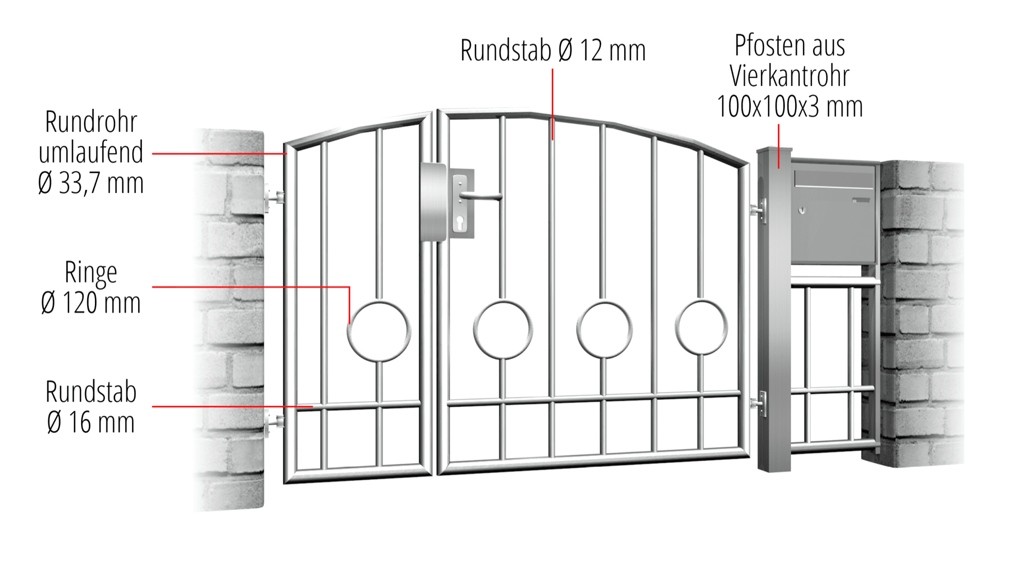 Tuindeur roestvrij staal 2 vleugel Cirkel Bar 2 Onder, OB, BK