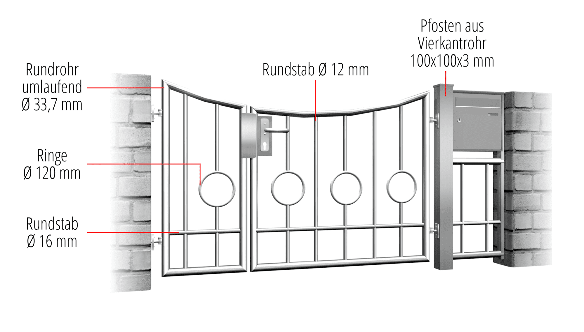 Tuindeur Roestvrij Staal 2-vleugelig Cirkelbar 2 Onder, UB, BK