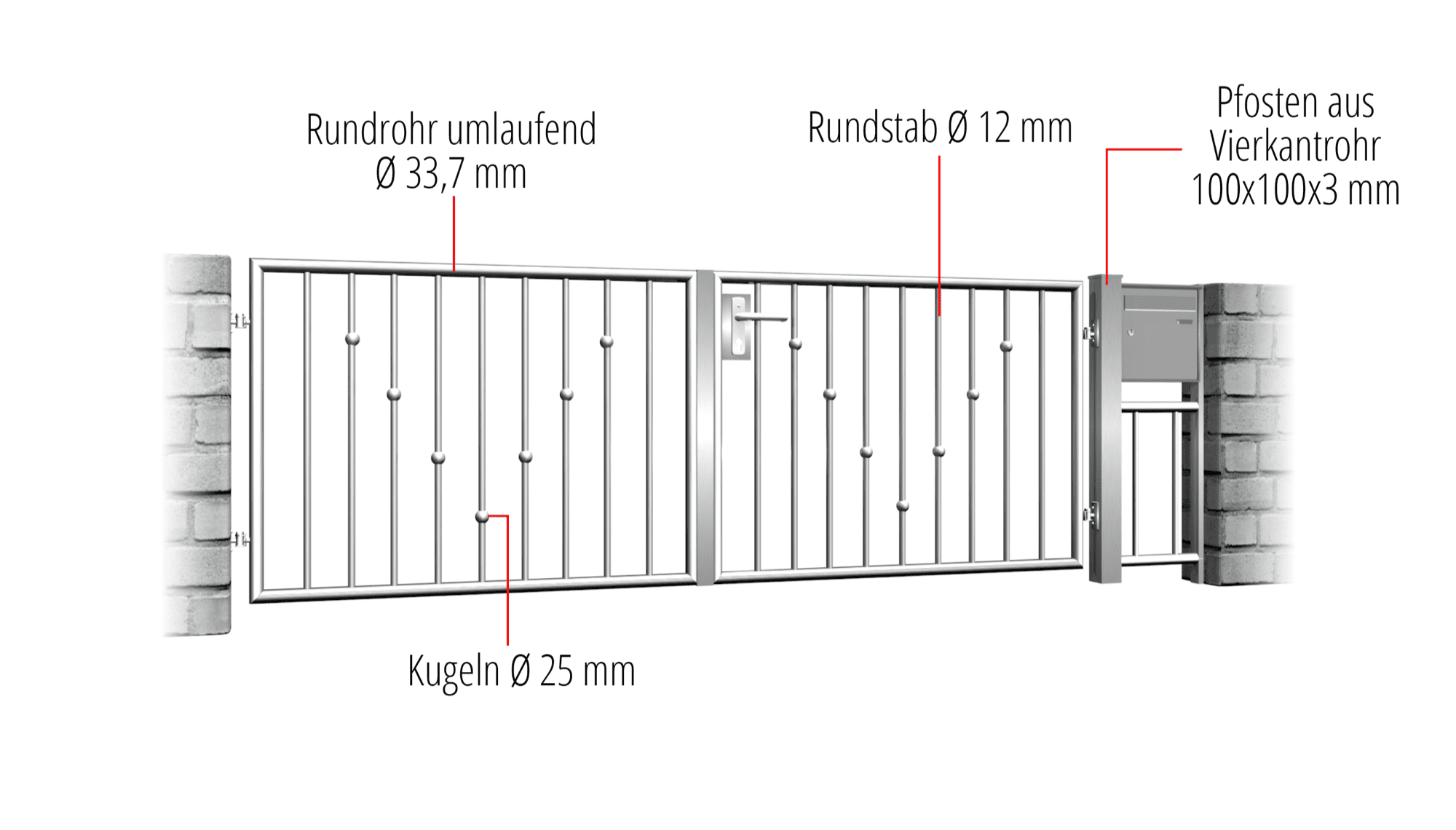 Tuinpoort roestvrij staal 2-vleugelige V-ballen, GE, BK