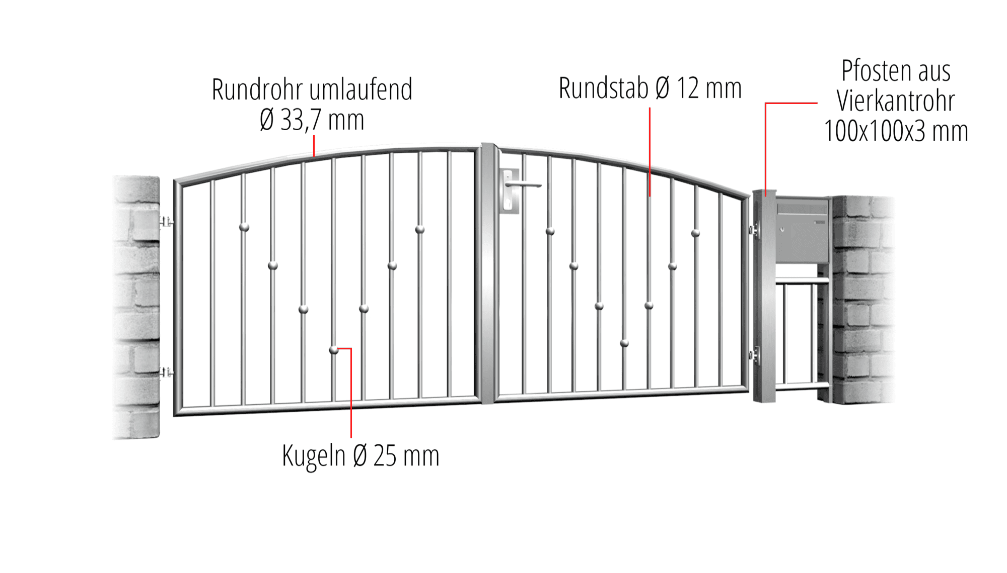 Tuinpoort roestvrij staal 2-vleugelige V-ballen, OB, BK