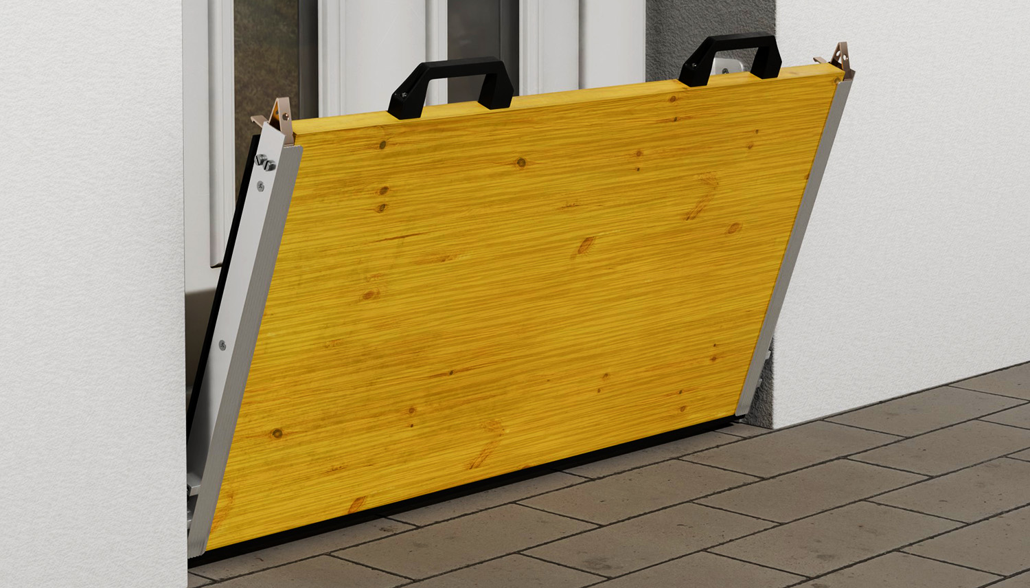 Mobile Wasserschutzwand aus Aluminium und Holz