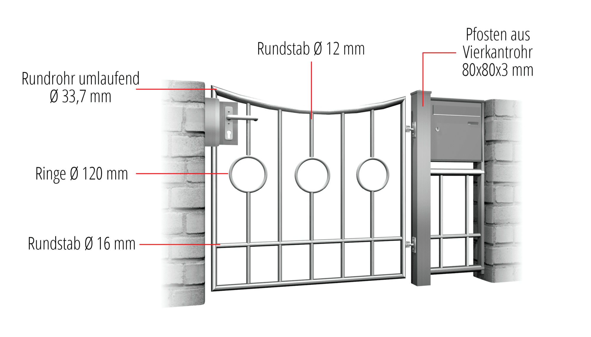 Tuindeur roestvrij staal 1-vleugel cirkel Bar 2 centrum, UB, BK