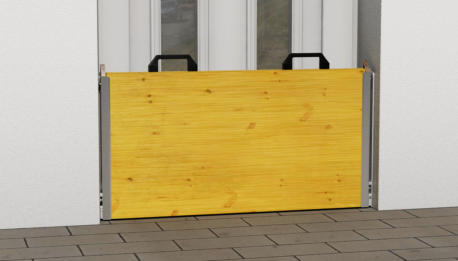Mobile Wasserschutzwand aus Aluminium und Holz