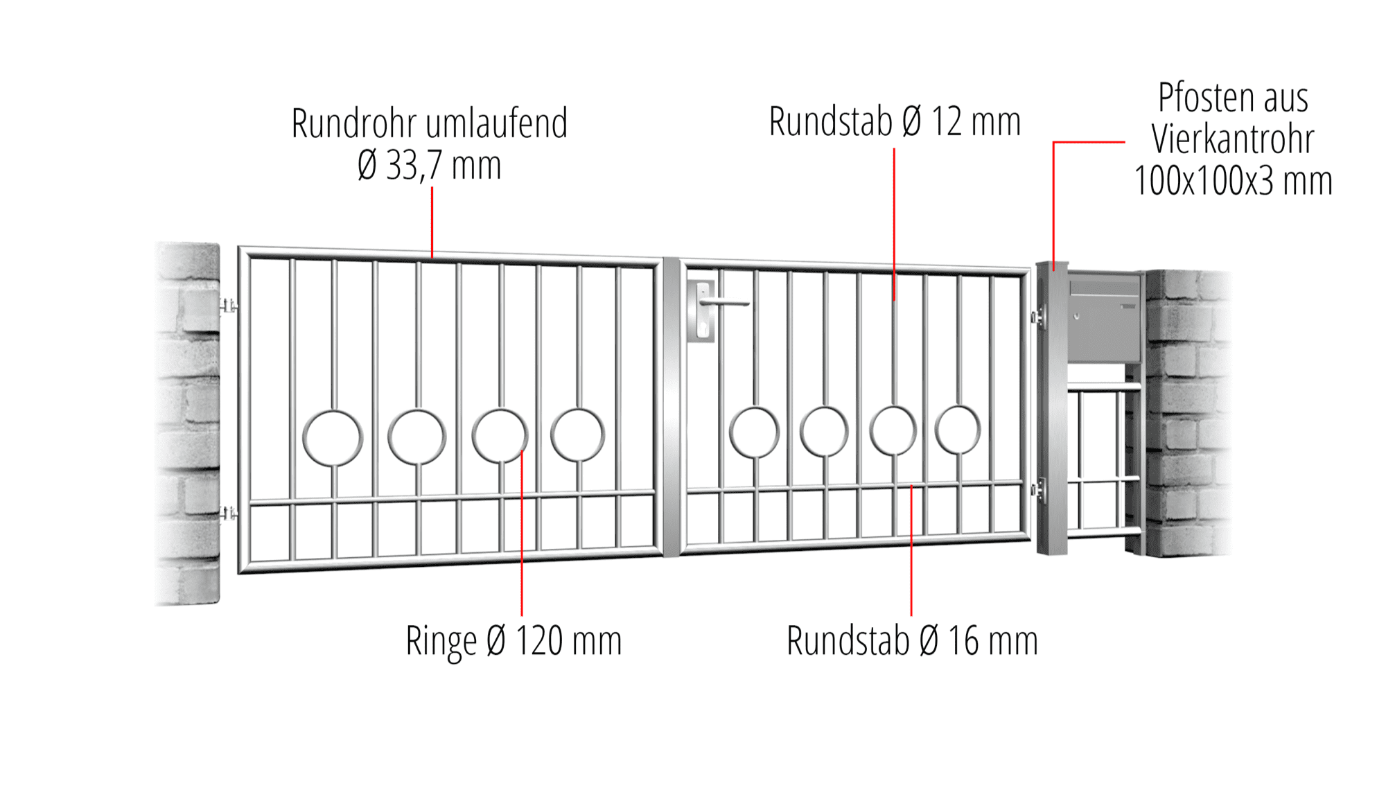 Tuinpoort Roestvrij Staal 2-vleugelig Cirkelbar 2 Onder, GE, BK