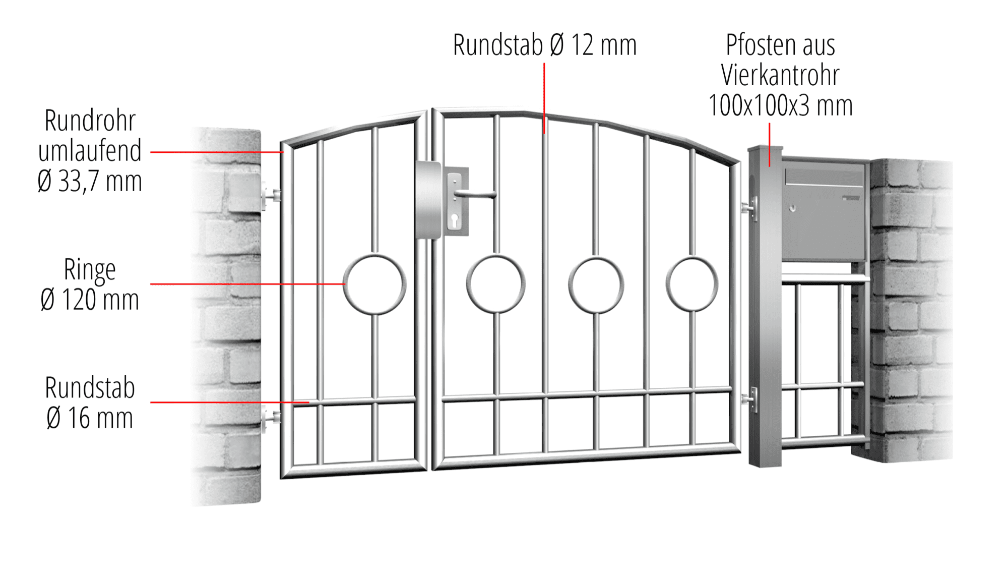 Tuindeur roestvrij staal 2-vleugelig cirkel bar 2 centrum, OB, BK