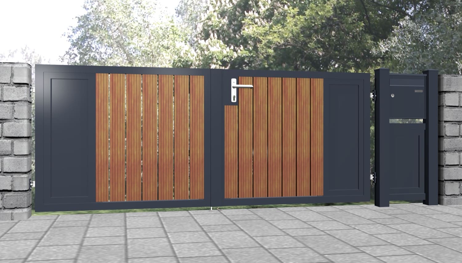 Tuinpoort aluminium-houten 2-vleugelig privacyscherm KSBHS, GE, BK