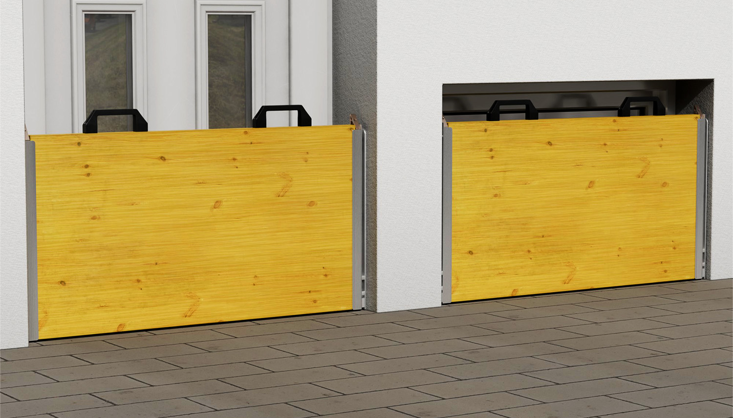 Mobile Wasserschutzwand aus Aluminium und Holz