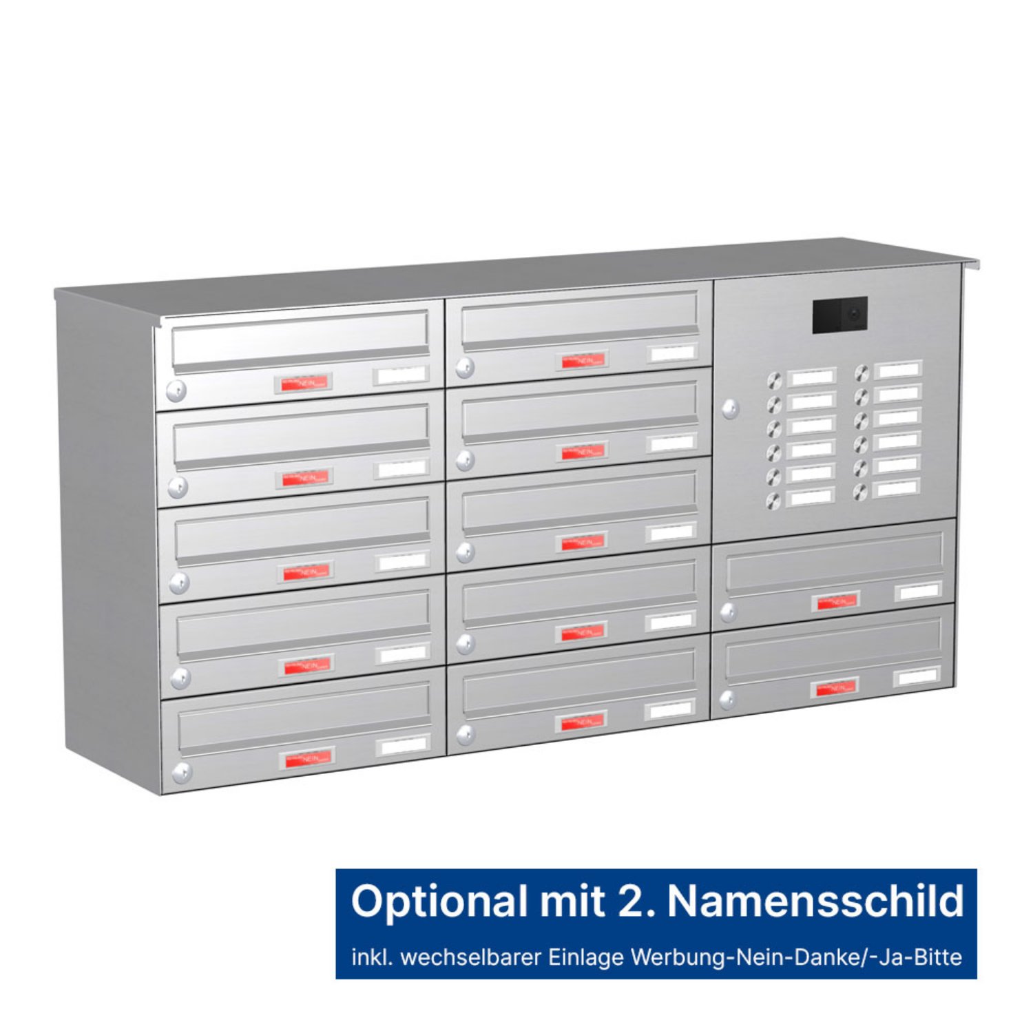 Briefkastenanlage | Aufputz | 12-fach | Waagerecht | Audio | Video | Edelstahl