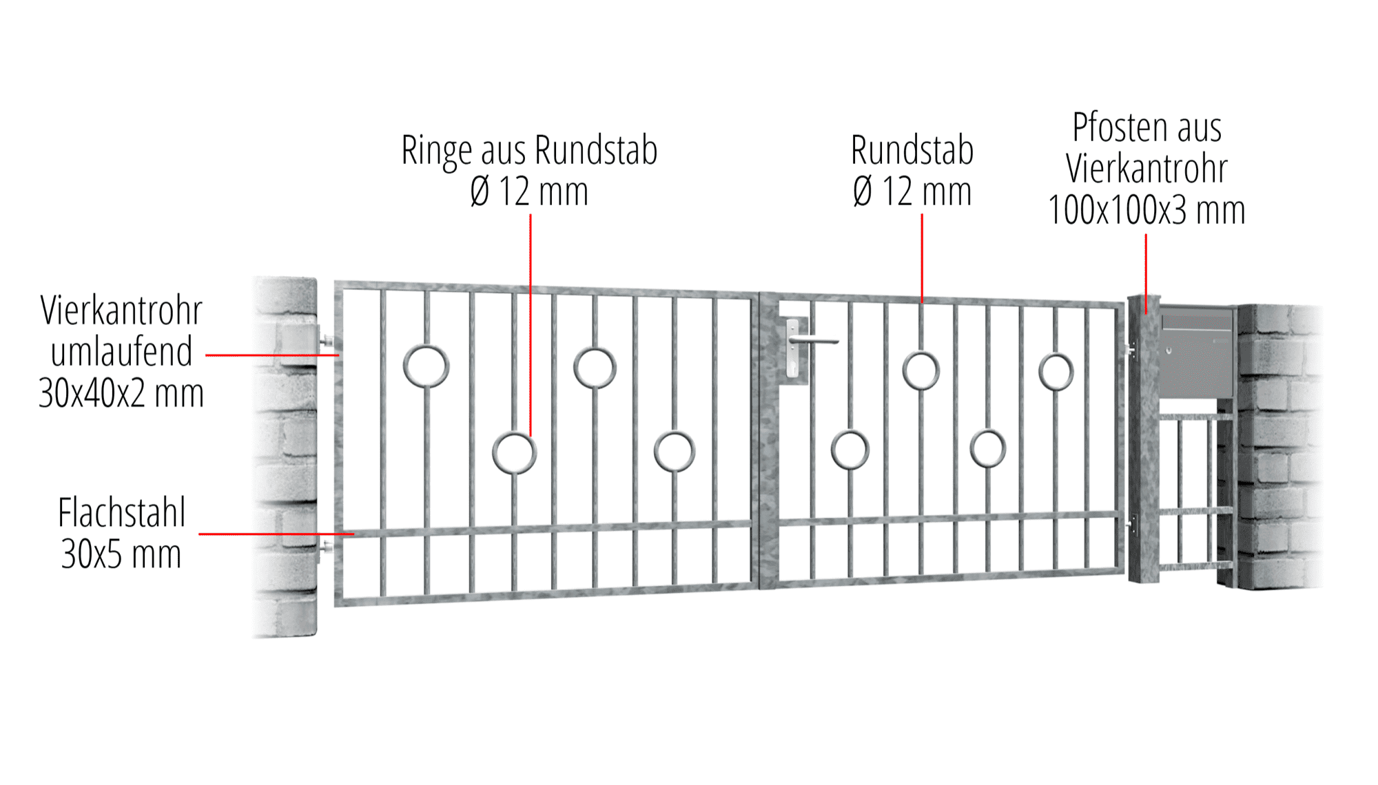 Verzinkte tuinpoort 2-vleugelig rond spijl, GE, BK