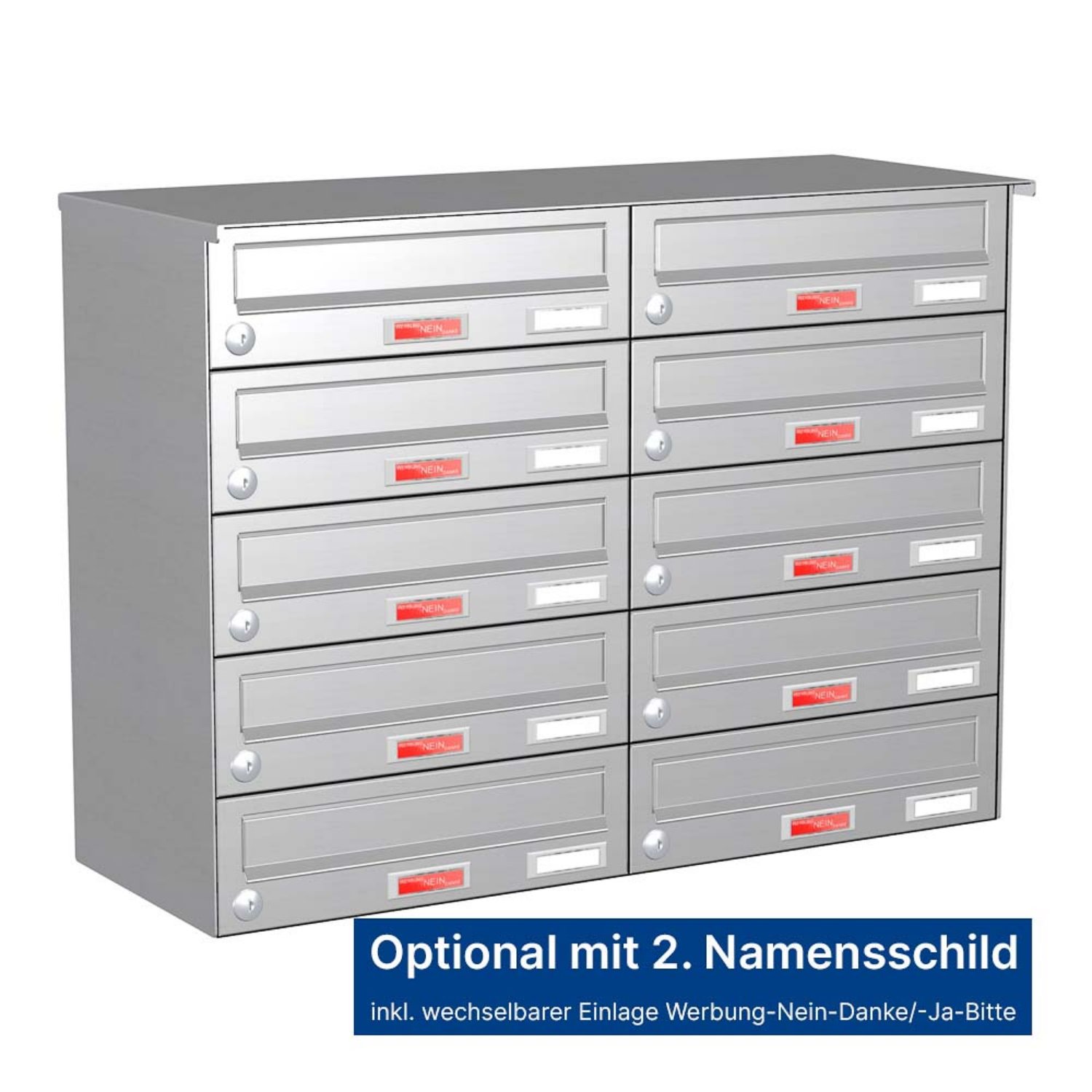 Briefkastenanlage | Aufputz | 10-fach | Waagerecht | Edelstahl
